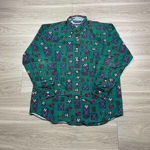 Vintage Nautica Shirt Mens Medium Green AOP Football 90s Long Sleeve